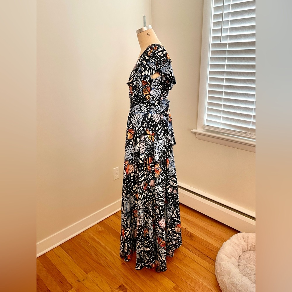 Aqua Black Butterfly Print Maxi Dress with Blue Orange Accents Sz M Runs Small - Picture 6 of 11